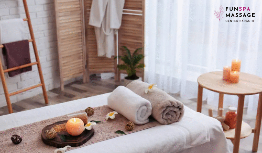 Elegant spa room setup with candles, towels, and essential oils arranged neatly.