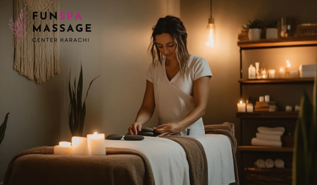 Relaxing spa setting with candles in best massage center in karachi